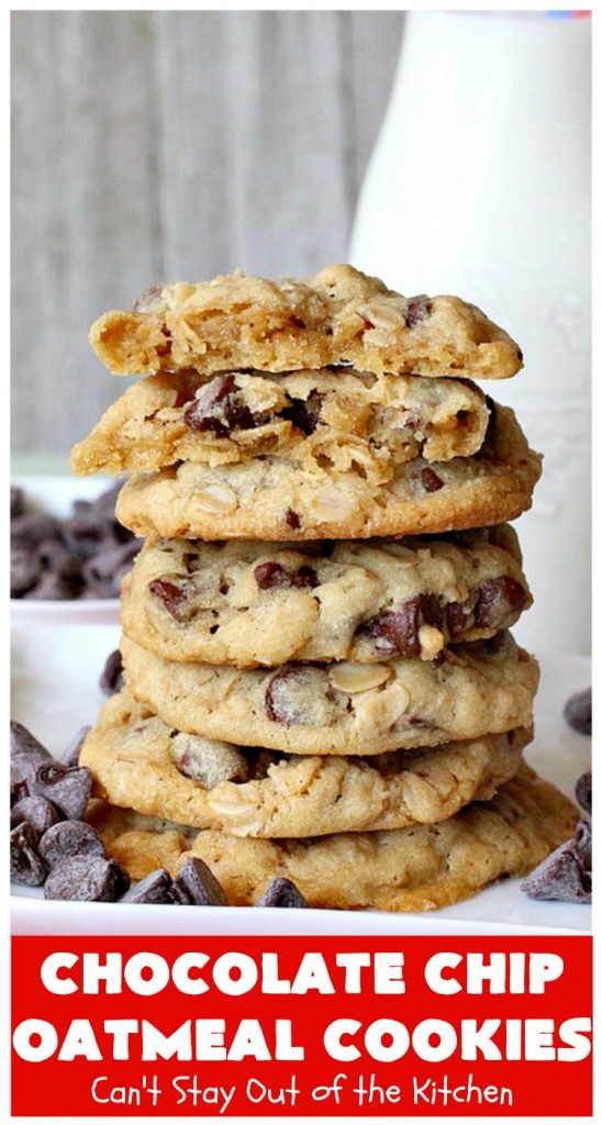Chocolate Chip Oatmeal Cookies | Can't Stay Out of the Kitchen | these #cookies are the best of both worlds! The best #ChocolateChipCookies with the best #OatmealCookies. Mouthwatering & irresistible. #tailgating #dessert #ChocolateDessert #ChristmasCookieExchange #chocolate #ChocolateChips #oatmeal #Holiday #HolidayDessert #ChocolateChipOatmealCookies