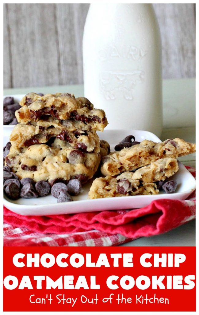 Chocolate Chip Oatmeal Cookies | Can't Stay Out of the Kitchen | these #cookies are the best of both worlds! The best #ChocolateChipCookies with the best #OatmealCookies. Mouthwatering & irresistible. #tailgating #dessert #ChocolateDessert #ChristmasCookieExchange #chocolate #ChocolateChips #oatmeal #Holiday #HolidayDessert #ChocolateChipOatmealCookies