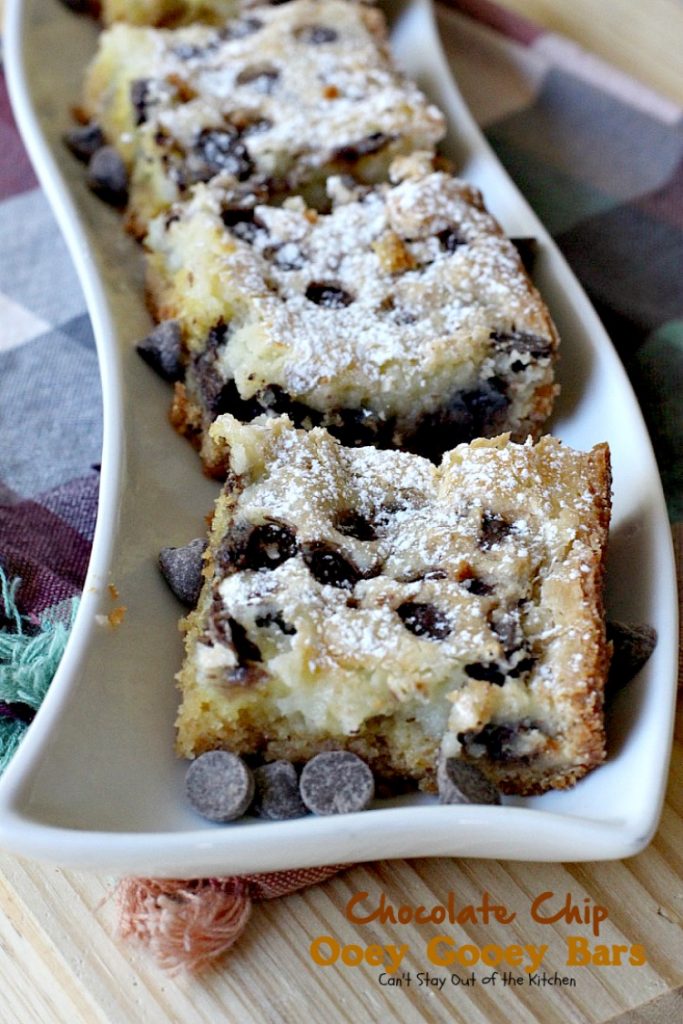Chocolate Chip Ooey Gooey Bars | Can't Stay Out of the Kitchen | these luscious #blondies are ooey-gooey and so delicious. Wonderful for #holiday parties too. #dessert #chocolate