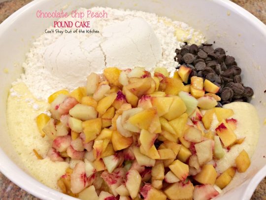Chocolate Chip Peach Pound Cake | Can't Stay Out of the Kitchen | this #cake was so amazing. Loved the combination of #peaches and #chocolate. #dessert