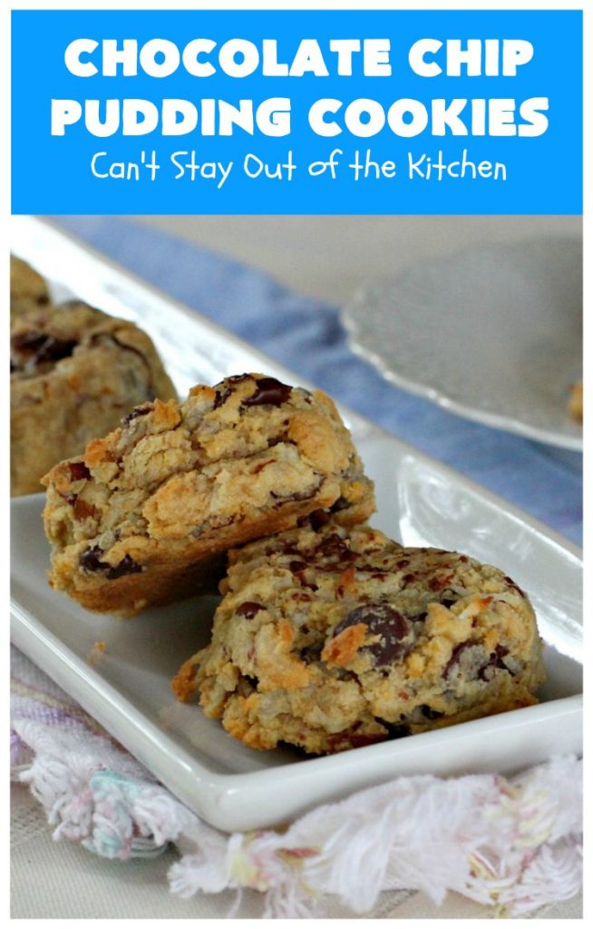 Chocolate Chip Pudding Cookies | Can't Stay Out of the Kitchen | these fabulous #cookies start with the famous #NanaimoBars so they're rich and decadent. They're filled with #chocolate chips, #coconut, #GrahamCracker crumbs, #pecans & buttercream icing made from vanilla pudding! Terrific for #tailgating or #holiday parties. #ChocolateChipPuddingCookies
