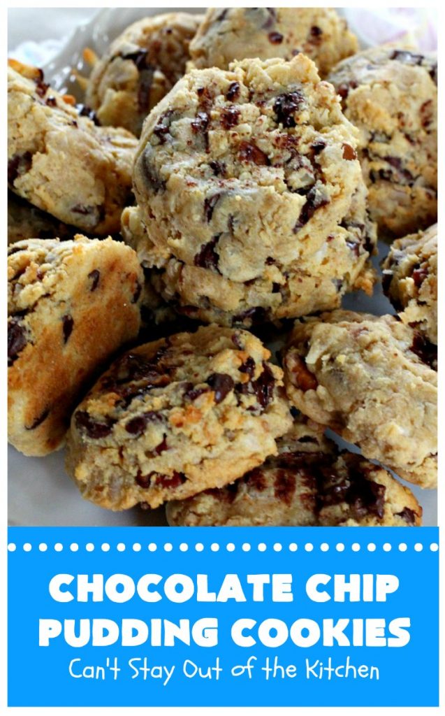 Chocolate Chip Pudding Cookies | Can't Stay Out of the Kitchen | these fabulous #cookies start with the famous #NanaimoBars so they're rich and decadent. They're filled with #chocolate chips, #coconut, #GrahamCracker crumbs, #pecans & buttercream icing made from vanilla pudding! Terrific for #tailgating or #holiday parties. #ChocolateChipPuddingCookies