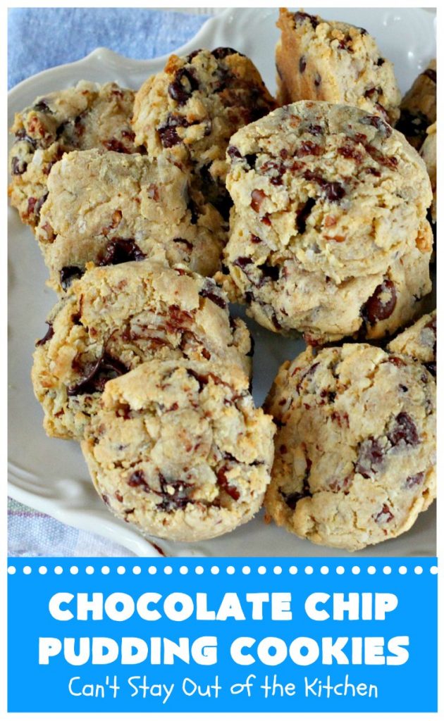 Chocolate Chip Pudding Cookies | Can't Stay Out of the Kitchen | these fabulous #cookies start with the famous #NanaimoBars so they're rich and decadent. They're filled with #chocolate chips, #coconut, #GrahamCracker crumbs, #pecans & buttercream icing made from vanilla pudding! Terrific for #tailgating or #holiday parties. #ChocolateChipPuddingCookies