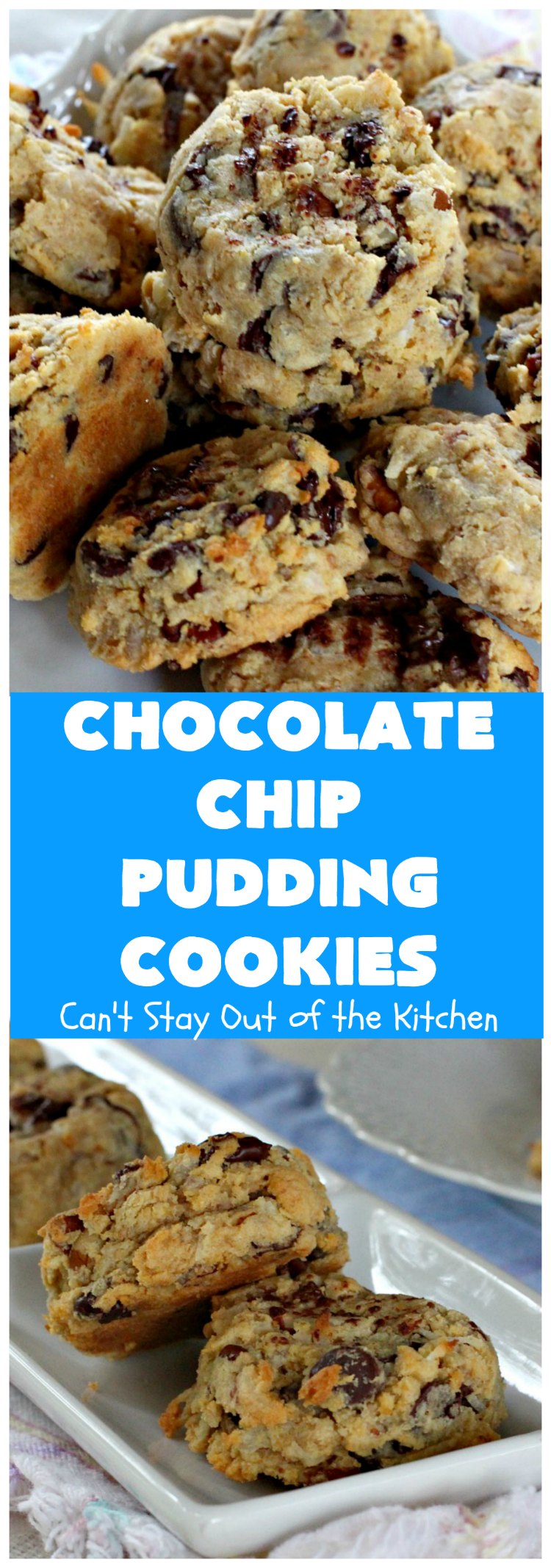 Chocolate Chip Pudding Cookies | Can't Stay Out of the Kitchen | these fabulous #cookies start with the famous #NanaimoBars so they're rich and decadent. They're filled with #chocolate chips, #coconut, #GrahamCracker crumbs, #pecans & buttercream icing made from vanilla pudding! Terrific for #tailgating or #holiday parties. #ChocolateChipPuddingCookies