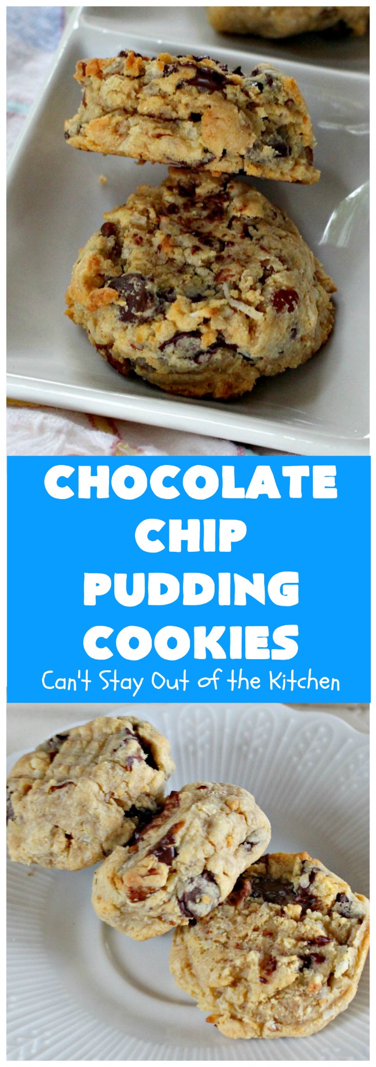 Chocolate Chip Pudding Cookies | Can't Stay Out of the Kitchen | these fabulous #cookies start with the famous #NanaimoBars so they're rich and decadent. They're filled with #chocolate chips, #coconut, #GrahamCracker crumbs, #pecans & buttercream icing made from vanilla pudding! Terrific for #tailgating or #holiday parties. #ChocolateChipPuddingCookies
