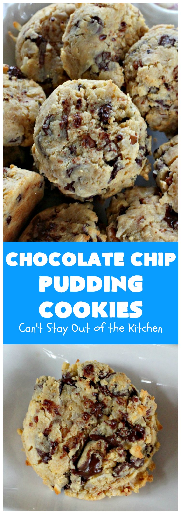 Chocolate Chip Pudding Cookies | Can't Stay Out of the Kitchen | these fabulous #cookies start with the famous #NanaimoBars so they're rich and decadent. They're filled with #chocolate chips, #coconut, #GrahamCracker crumbs, #pecans & buttercream icing made from vanilla pudding! Terrific for #tailgating or #holiday parties. #ChocolateChipPuddingCookies