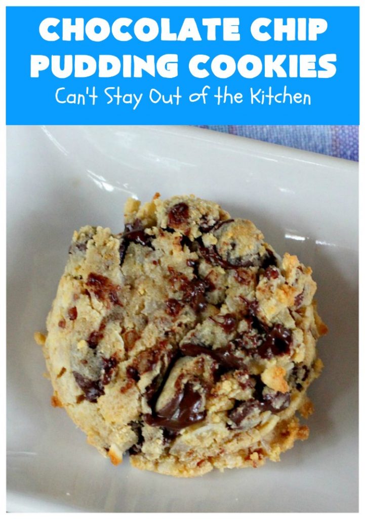 Chocolate Chip Pudding Cookies | Can't Stay Out of the Kitchen | these fabulous #cookies start with the famous #NanaimoBars so they're rich and decadent. They're filled with #chocolate chips, #coconut, #GrahamCracker crumbs, #pecans & buttercream icing made from vanilla pudding! Terrific for #tailgating or #holiday parties. #ChocolateChipPuddingCookies