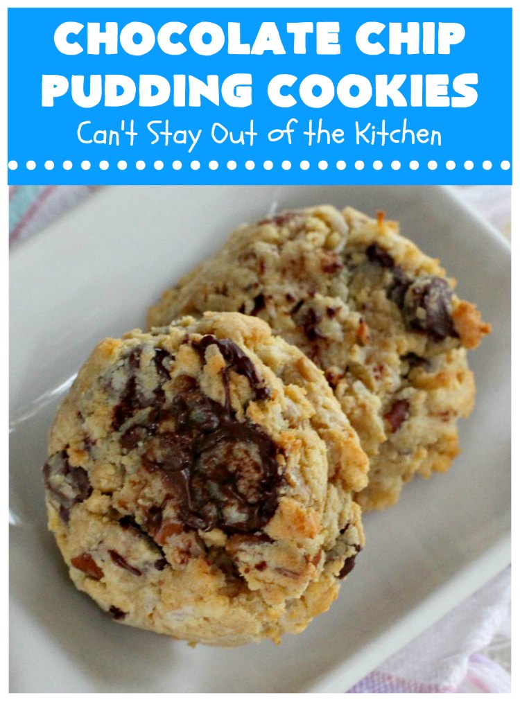 Chocolate Chip Pudding Cookies | Can't Stay Out of the Kitchen | these fabulous #cookies start with the famous #NanaimoBars so they're rich and decadent. They're filled with #chocolate chips, #coconut, #GrahamCracker crumbs, #pecans & buttercream icing made from vanilla pudding! Terrific for #tailgating or #holiday parties. #ChocolateChipPuddingCookies