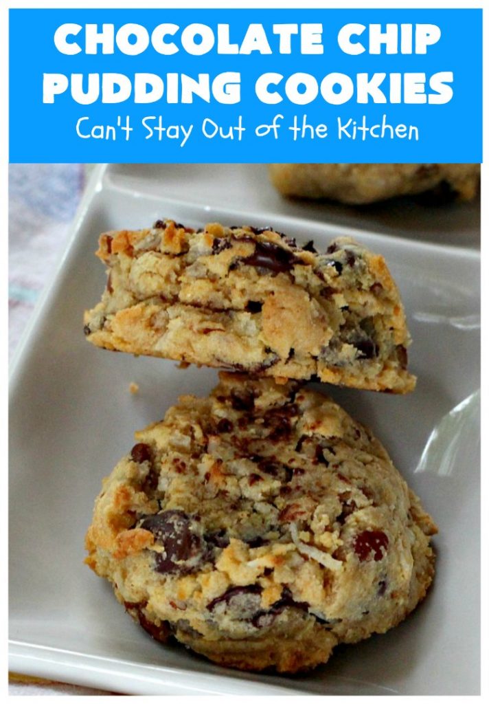Chocolate Chip Pudding Cookies | Can't Stay Out of the Kitchen | these fabulous #cookies start with the famous #NanaimoBars so they're rich and decadent. They're filled with #chocolate chips, #coconut, #GrahamCracker crumbs, #pecans & buttercream icing made from vanilla pudding! Terrific for #tailgating or #holiday parties. #ChocolateChipPuddingCookies