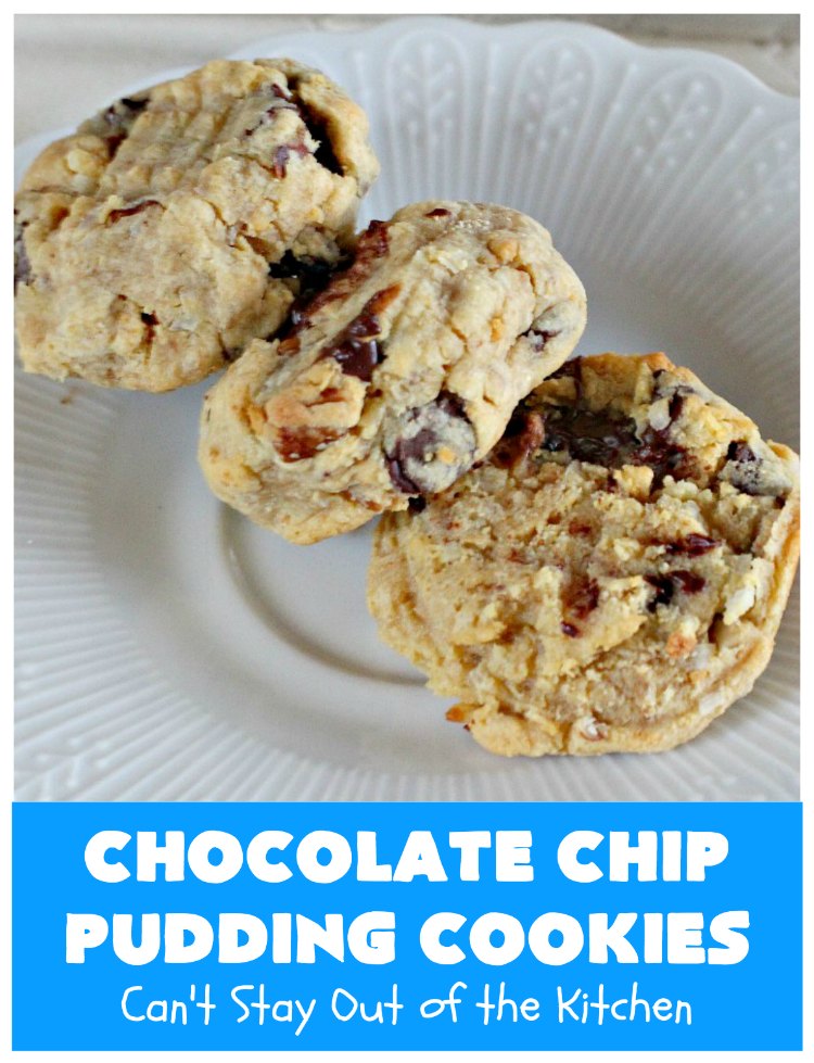 Chocolate Chip Pudding Cookies | Can't Stay Out of the Kitchen | these fabulous #cookies start with the famous #NanaimoBars so they're rich and decadent. They're filled with #chocolate chips, #coconut, #GrahamCracker crumbs, #pecans & buttercream icing made from vanilla pudding! Terrific for #tailgating or #holiday parties. #ChocolateChipPuddingCookies