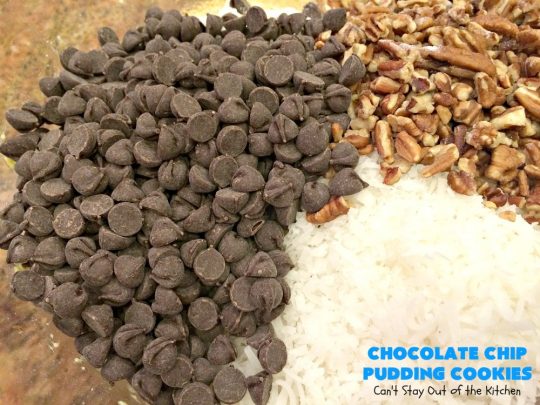Chocolate Chip Pudding Cookies | Can't Stay Out of the Kitchen | these fabulous #cookies start with the famous #NanaimoBars so they're rich and decadent. They're filled with #chocolate chips, #coconut, #GrahamCracker crumbs, #pecans & buttercream icing made from vanilla pudding! Terrific for #tailgating or #holiday parties. #ChocolateChipPuddingCookies