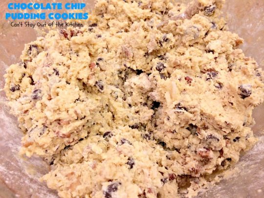 Chocolate Chip Pudding Cookies | Can't Stay Out of the Kitchen | these fabulous #cookies start with the famous #NanaimoBars so they're rich and decadent. They're filled with #chocolate chips, #coconut, #GrahamCracker crumbs, #pecans & buttercream icing made from vanilla pudding! Terrific for #tailgating or #holiday parties. #ChocolateChipPuddingCookies