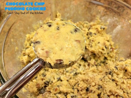 Chocolate Chip Pudding Cookies | Can't Stay Out of the Kitchen | these fabulous #cookies start with the famous #NanaimoBars so they're rich and decadent. They're filled with #chocolate chips, #coconut, #GrahamCracker crumbs, #pecans & buttercream icing made from vanilla pudding! Terrific for #tailgating or #holiday parties. #ChocolateChipPuddingCookies