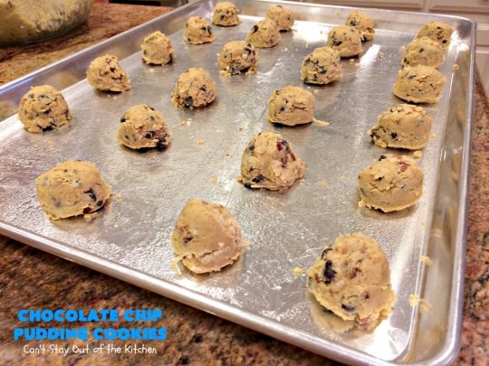 Chocolate Chip Pudding Cookies | Can't Stay Out of the Kitchen | these fabulous #cookies start with the famous #NanaimoBars so they're rich and decadent. They're filled with #chocolate chips, #coconut, #GrahamCracker crumbs, #pecans & buttercream icing made from vanilla pudding! Terrific for #tailgating or #holiday parties. #ChocolateChipPuddingCookies