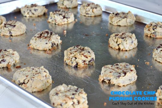 Chocolate Chip Pudding Cookies | Can't Stay Out of the Kitchen | these fabulous #cookies start with the famous #NanaimoBars so they're rich and decadent. They're filled with #chocolate chips, #coconut, #GrahamCracker crumbs, #pecans & buttercream icing made from vanilla pudding! Terrific for #tailgating or #holiday parties. #ChocolateChipPuddingCookies