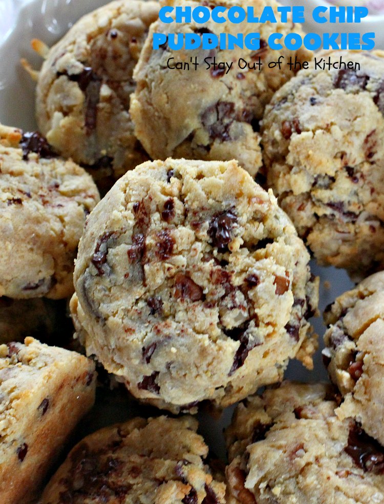 Chocolate Chip Pudding Cookies | Can't Stay Out of the Kitchen | these fabulous #cookies start with the famous #NanaimoBars so they're rich and decadent. They're filled with #chocolate chips, #coconut, #GrahamCracker crumbs, #pecans & buttercream icing made from vanilla pudding! Terrific for #tailgating or #holiday parties. #ChocolateChipPuddingCookies