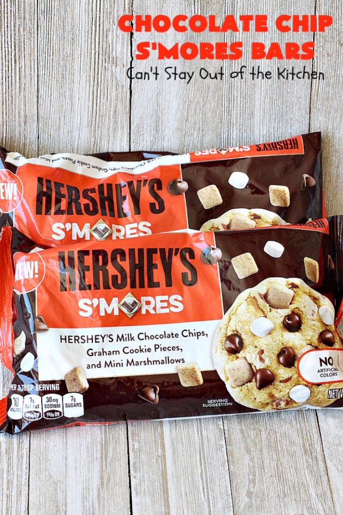 Chocolate Chip S'Mores Bars | Can't Stay Out of the Kitchen | these amazing #brownies use #chocolatechips & #Hersheys #SmoresBakingPieces. They're absolutely delightful and terrific for any kind of potluck, backyard barbecue or #holiday #baking. #Tailgating #Smores #chocolate