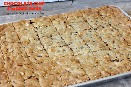 Chocolate Chip S'Mores Bars | Can't Stay Out of the Kitchen | these amazing #brownies use #chocolatechips & #Hersheys #SmoresBakingPieces. They're absolutely delightful and terrific for any kind of potluck, backyard barbecue or #holiday #baking. #Tailgating #Smores #chocolate