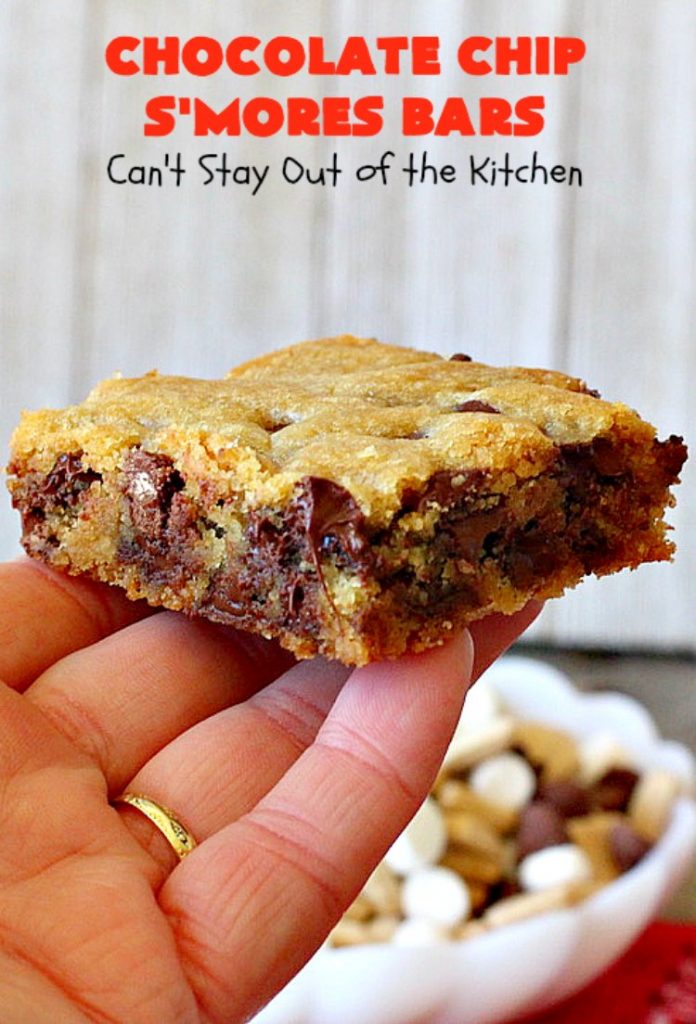 Chocolate Chip S'Mores Bars | Can't Stay Out of the Kitchen | these amazing #brownies use #chocolatechips & #Hersheys #SmoresBakingPieces. They're absolutely delightful and terrific for any kind of potluck, backyard barbecue or #holiday #baking. #Tailgating #Smores #chocolate