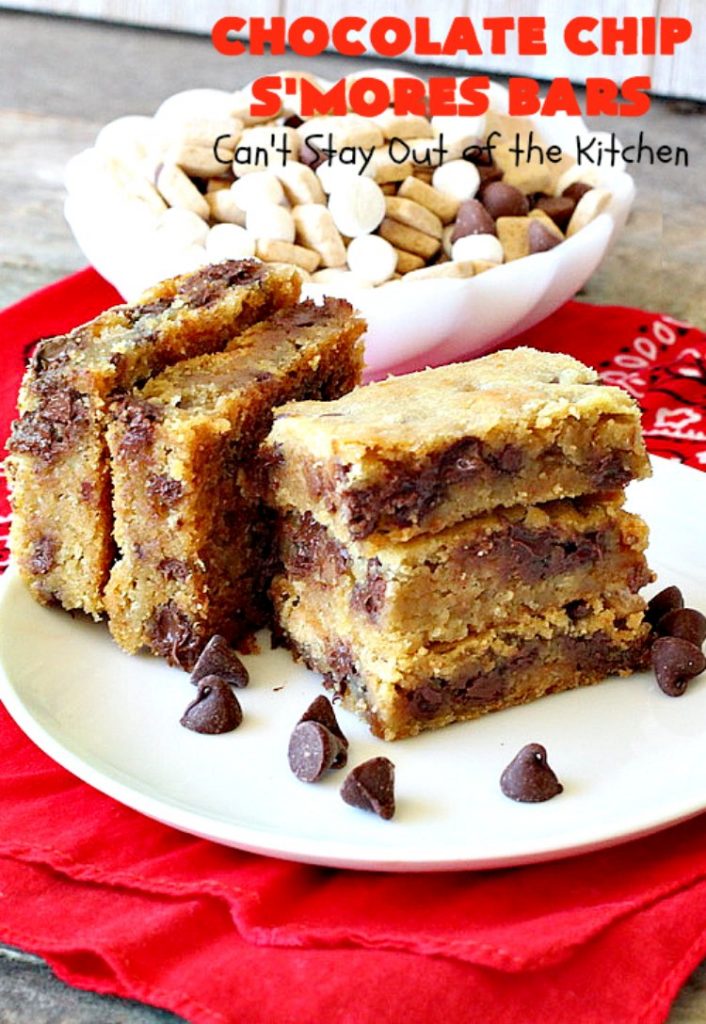 Chocolate Chip S'Mores Bars | Can't Stay Out of the Kitchen | these amazing #brownies use #chocolatechips & #Hersheys #SmoresBakingPieces. They're absolutely delightful and terrific for any kind of potluck, backyard barbecue or #holiday #baking. #Tailgating #Smores #chocolate