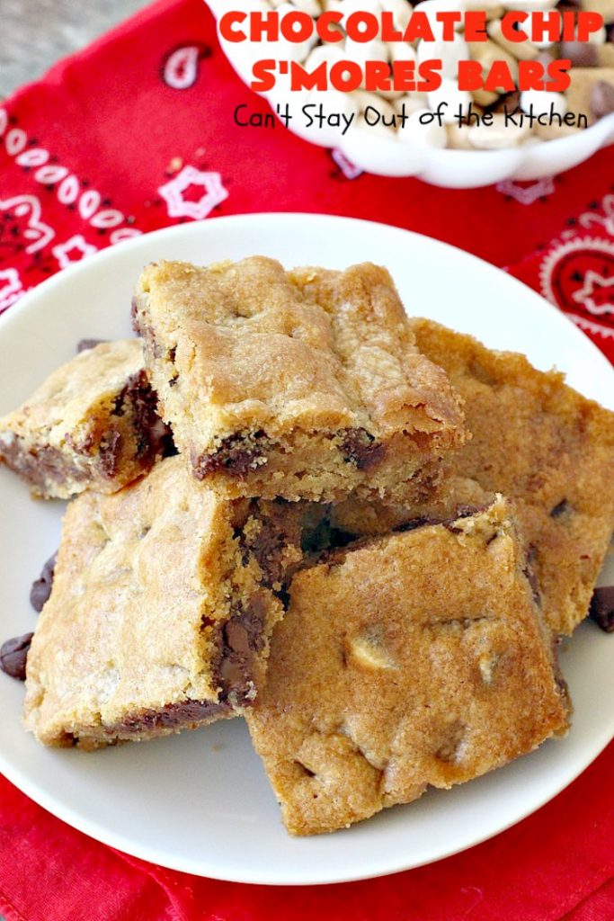 Chocolate Chip S'Mores Bars | Can't Stay Out of the Kitchen | these amazing #brownies use #chocolatechips & #Hersheys #SmoresBakingPieces. They're absolutely delightful and terrific for any kind of potluck, backyard barbecue or #holiday #baking. #Tailgating #Smores #chocolate