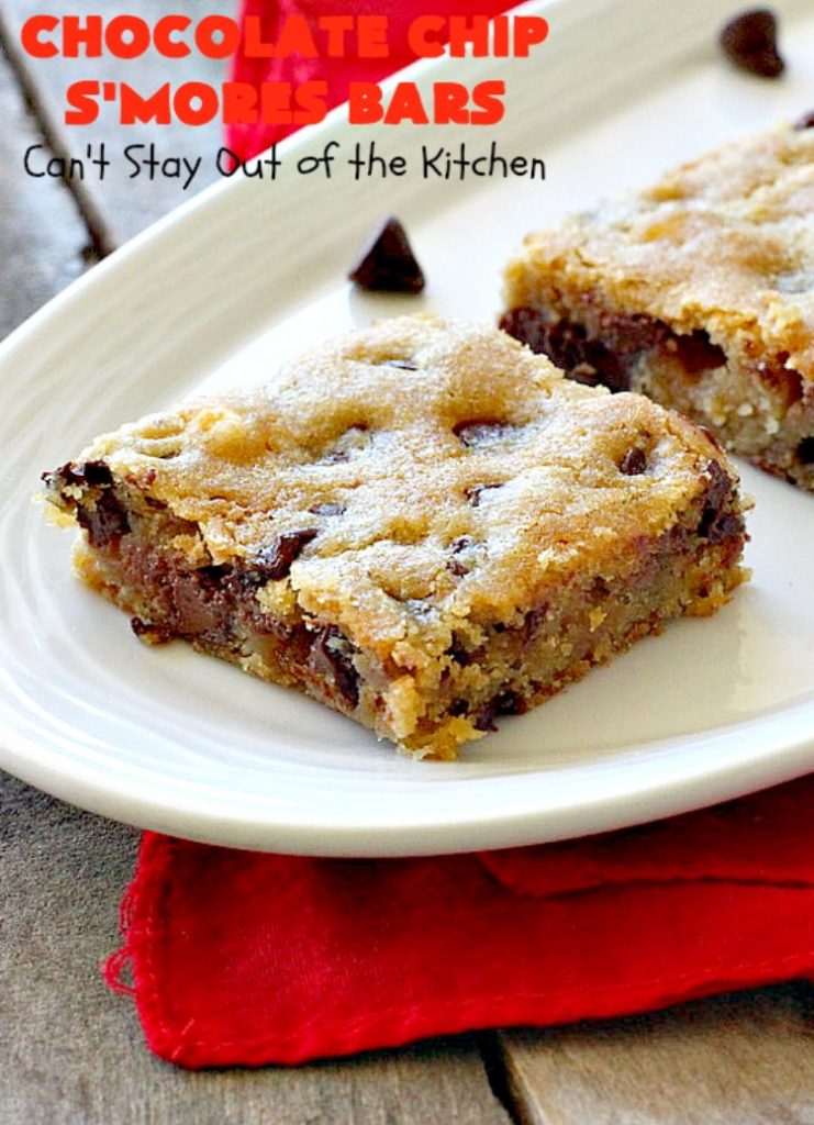 Chocolate Chip S'Mores Bars | Can't Stay Out of the Kitchen | these amazing #brownies use #chocolatechips & #Hersheys #SmoresBakingPieces. They're absolutely delightful and terrific for any kind of potluck, backyard barbecue or #holiday #baking. #Tailgating #Smores #chocolate