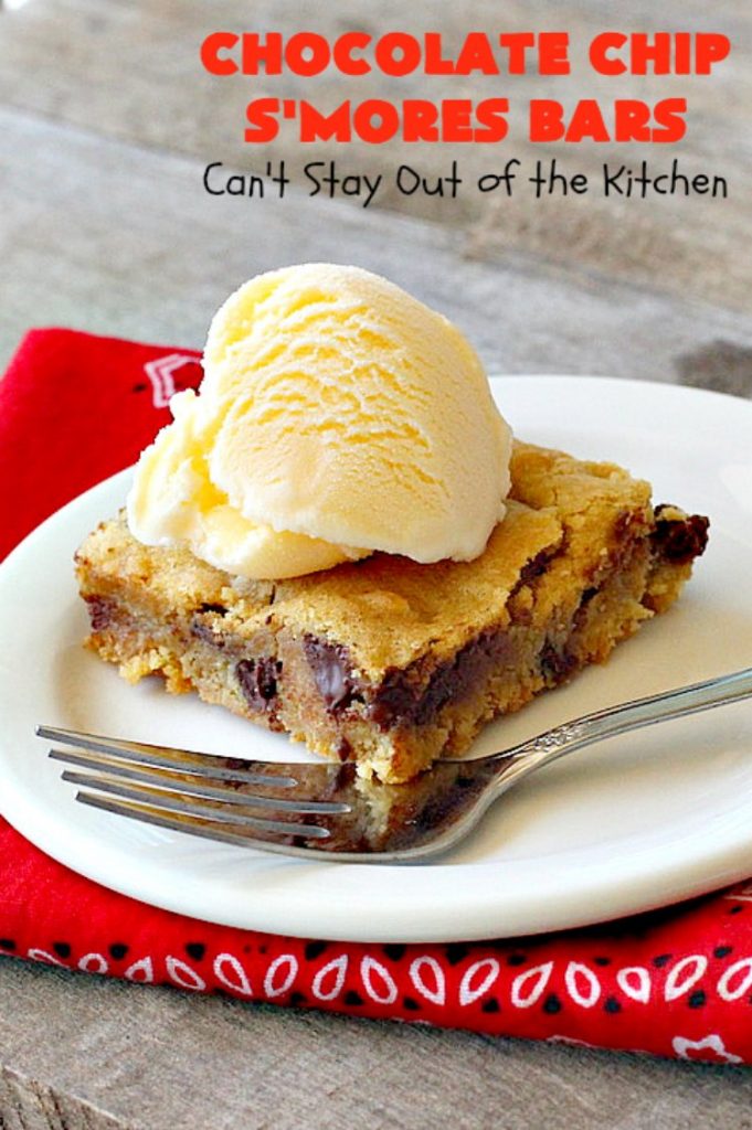 Chocolate Chip S'Mores Bars | Can't Stay Out of the Kitchen | these amazing #brownies use #chocolatechips & #Hersheys #SmoresBakingPieces. They're absolutely delightful and terrific for any kind of potluck, backyard barbecue or #holiday #baking. #Tailgating #Smores #chocolate