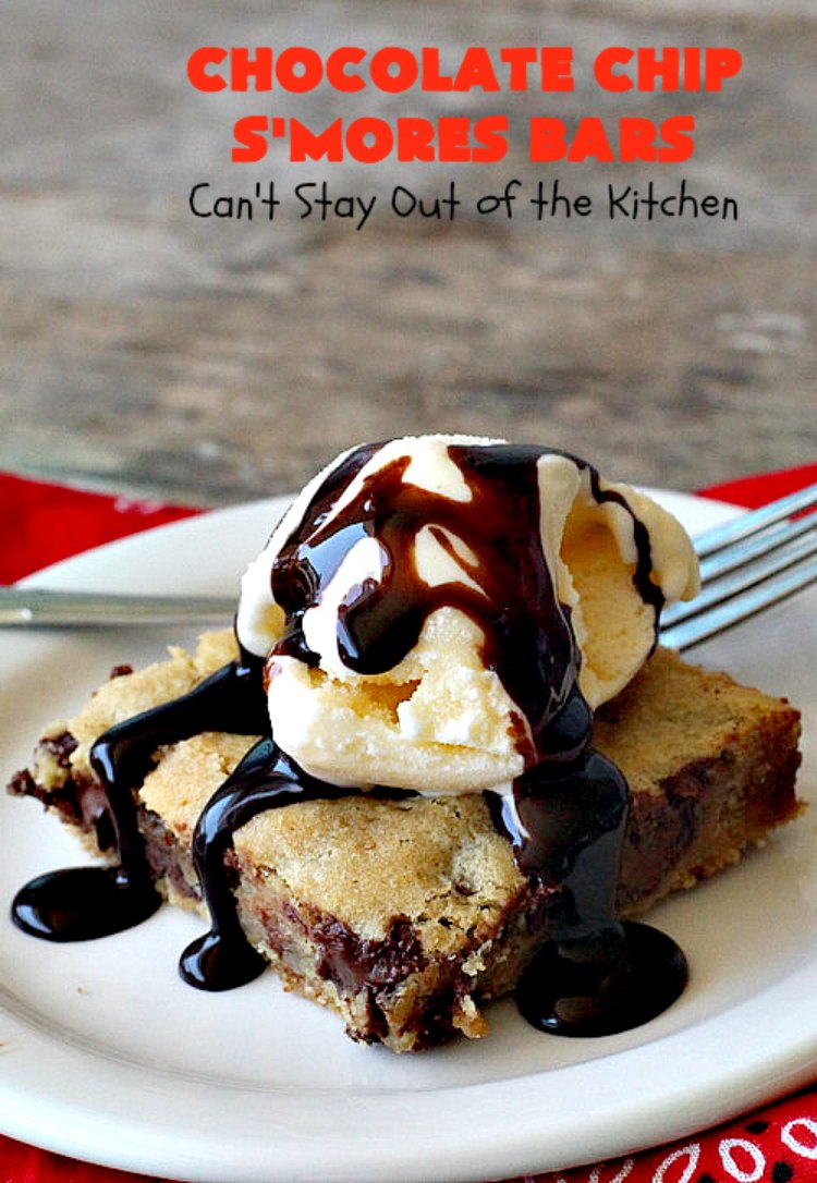 Chocolate Chip S'Mores Bars | Can't Stay Out of the Kitchen | these amazing #brownies use #chocolatechips & #Hersheys #SmoresBakingPieces. They're absolutely delightful and terrific for any kind of potluck, backyard barbecue or #holiday #baking. #Tailgating #Smores #chocolate