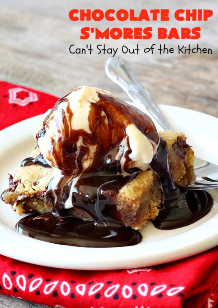 Chocolate Chip S'Mores Bars | Can't Stay Out of the Kitchen | these amazing #brownies use #chocolatechips & #Hersheys #SmoresBakingPieces. They're absolutely delightful and terrific for any kind of potluck, backyard barbecue or #holiday #baking. #Tailgating #Smores #chocolate