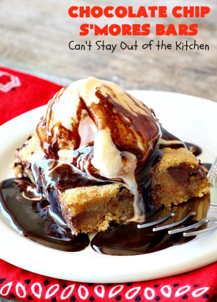 Chocolate Chip S'Mores Bars | Can't Stay Out of the Kitchen | these amazing #brownies use #chocolatechips & #Hersheys #SmoresBakingPieces. They're absolutely delightful and terrific for any kind of potluck, backyard barbecue or #holiday #baking. #Tailgating #Smores #chocolate
