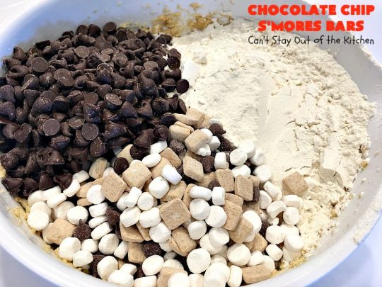 Chocolate Chip S'Mores Bars | Can't Stay Out of the Kitchen | these amazing #brownies use #chocolatechips & #Hersheys #SmoresBakingPieces. They're absolutely delightful and terrific for any kind of potluck, backyard barbecue or #holiday #baking. #Tailgating #Smores #chocolate