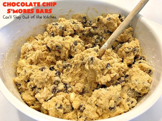 Chocolate Chip S'Mores Bars | Can't Stay Out of the Kitchen | these amazing #brownies use #chocolatechips & #Hersheys #SmoresBakingPieces. They're absolutely delightful and terrific for any kind of potluck, backyard barbecue or #holiday #baking. #Tailgating #Smores #chocolate