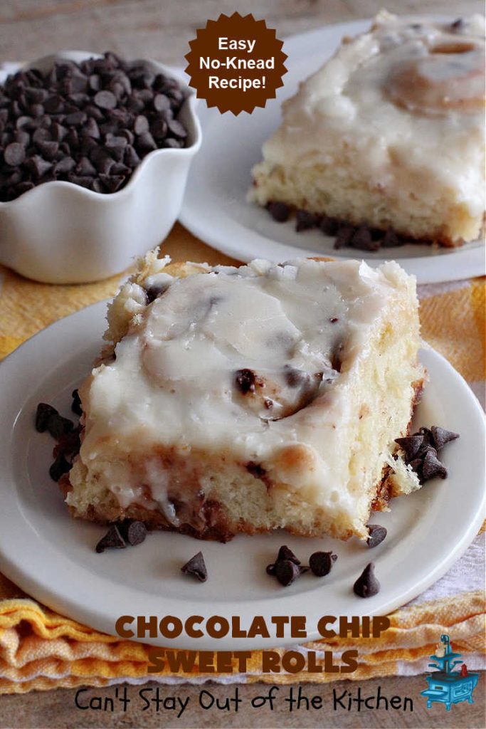 Chocolate Chip Sweet Rolls | Can't Stay Out of the Kitchen | These luscious #SweetRolls made with #ChocolateChips are absolutely superb. The icing is thick and drool-worthy. If you enjoy #chocolate, you'll love having it in sweet #rolls. Great #breakfast idea for #holidays, weekends or company. #ChocolateChipSweetRolls