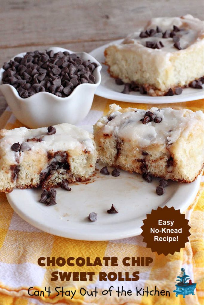 Chocolate Chip Sweet Rolls | Can't Stay Out of the Kitchen | These luscious #SweetRolls made with #ChocolateChips are absolutely superb. The icing is thick and drool-worthy. If you enjoy #chocolate, you'll love having it in sweet #rolls. Great #breakfast idea for #holidays, weekends or company. #ChocolateChipSweetRolls