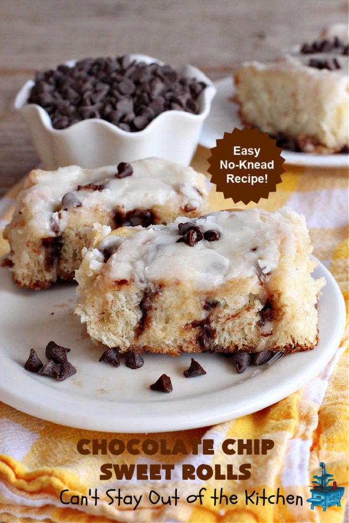 Chocolate Chip Sweet Rolls | Can't Stay Out of the Kitchen | These luscious #SweetRolls made with #ChocolateChips are absolutely superb. The icing is thick and drool-worthy. If you enjoy #chocolate, you'll love having it in sweet #rolls. Great #breakfast idea for #holidays, weekends or company. #ChocolateChipSweetRolls