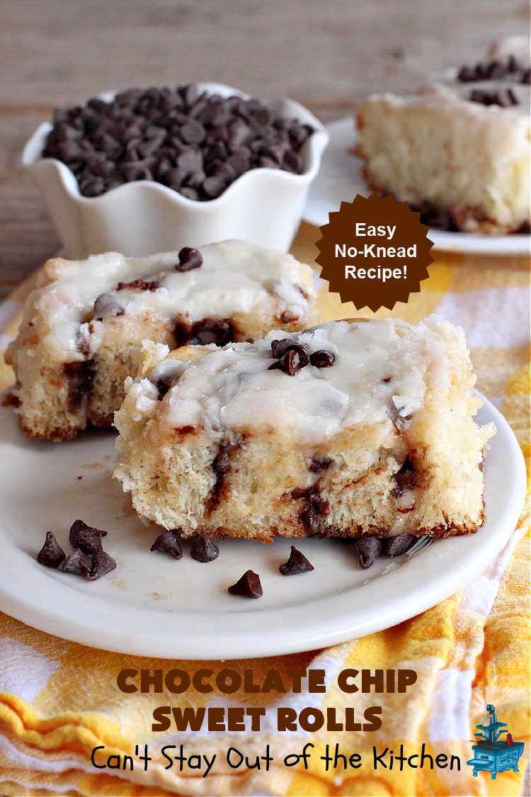 Chocolate Chip Sweet Rolls | Can't Stay Out of the Kitchen | These luscious #SweetRolls made with #ChocolateChips are absolutely superb. The icing is thick and drool-worthy. If you enjoy #chocolate, you'll love having it in sweet #rolls. Great #breakfast idea for #holidays, weekends or company. #ChocolateChipSweetRolls