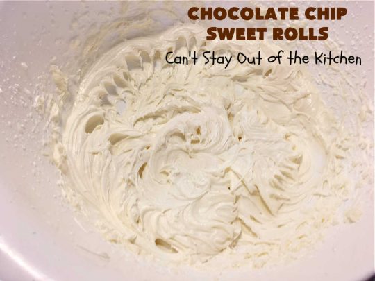 Chocolate Chip Sweet Rolls | Can't Stay Out of the Kitchen | These luscious #SweetRolls made with #ChocolateChips are absolutely superb. The icing is thick and drool-worthy. If you enjoy #chocolate, you'll love having it in sweet #rolls. Great #breakfast idea for #holidays, weekends or company. #ChocolateChipSweetRolls