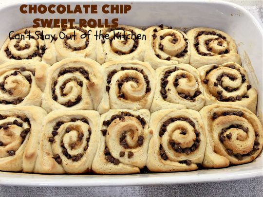 Chocolate Chip Sweet Rolls | Can't Stay Out of the Kitchen | These luscious #SweetRolls made with #ChocolateChips are absolutely superb. The icing is thick and drool-worthy. If you enjoy #chocolate, you'll love having it in sweet #rolls. Great #breakfast idea for #holidays, weekends or company. #ChocolateChipSweetRolls