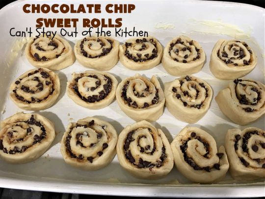 Chocolate Chip Sweet Rolls | Can't Stay Out of the Kitchen | These luscious #SweetRolls made with #ChocolateChips are absolutely superb. The icing is thick and drool-worthy. If you enjoy #chocolate, you'll love having it in sweet #rolls. Great #breakfast idea for #holidays, weekends or company. #ChocolateChipSweetRolls 