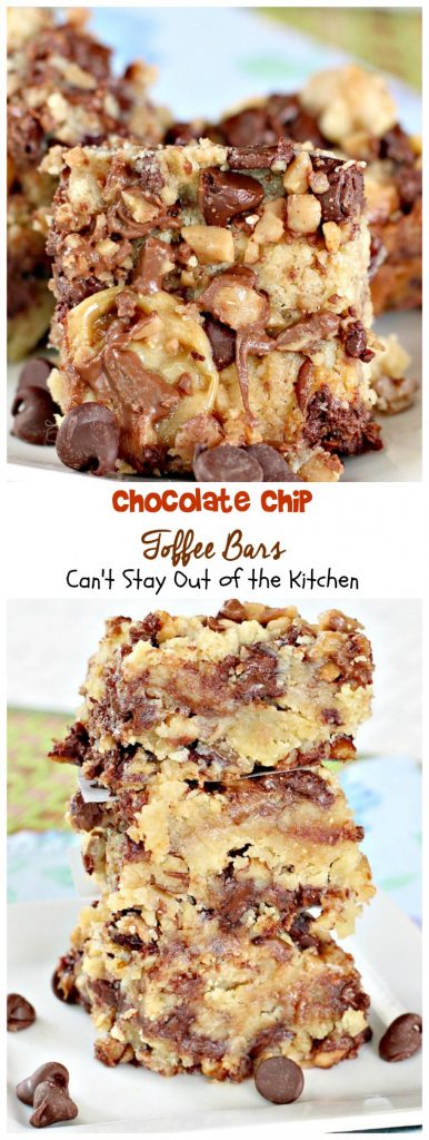 Chocolate Chip Toffee Bars | Can't Stay Out of the Kitchen | rich and decadent #brownies are loaded with #chocolatechips #pecans #HeathEnglishToffeeBits and use a can of #condensedmilk. #chocolate #dessert
