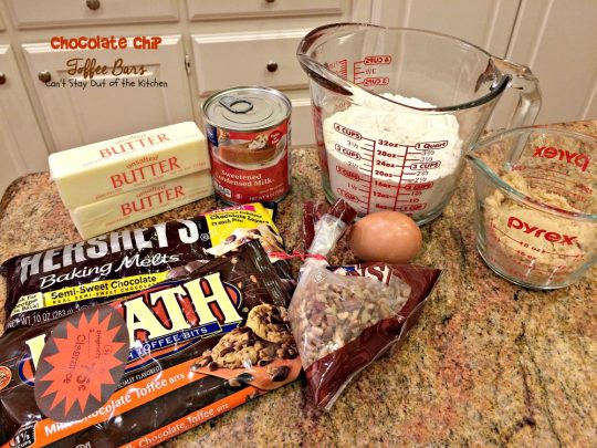 Chocolate Chip Toffee Bars | Can't Stay Out of the Kitchen | rich and decadent #brownies are loaded with #chocolatechips #pecans #HeathEnglishToffeeBits and use a can of #condensedmilk. #chocolate #dessert