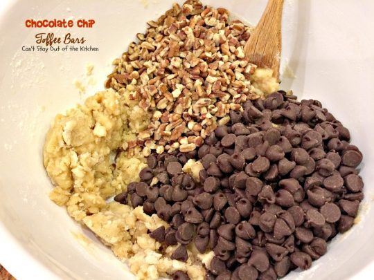 Chocolate Chip Toffee Bars | Can't Stay Out of the Kitchen | rich and decadent #brownies are loaded with #chocolatechips #pecans #HeathEnglishToffeeBits and use a can of #condensedmilk. #chocolate #dessert
