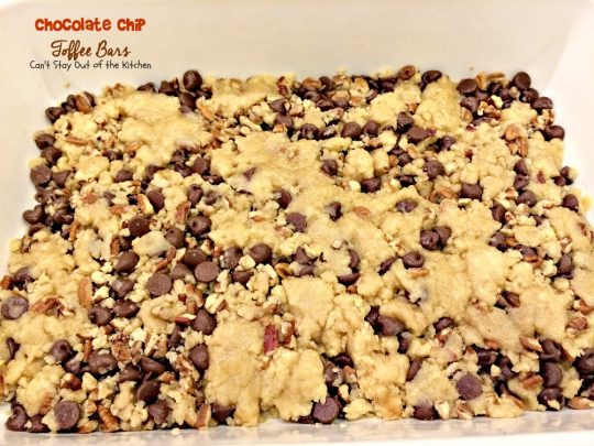 Chocolate Chip Toffee Bars | Can't Stay Out of the Kitchen | rich and decadent #brownies are loaded with #chocolatechips #pecans #HeathEnglishToffeeBits and use a can of #condensedmilk. #chocolate #dessert
