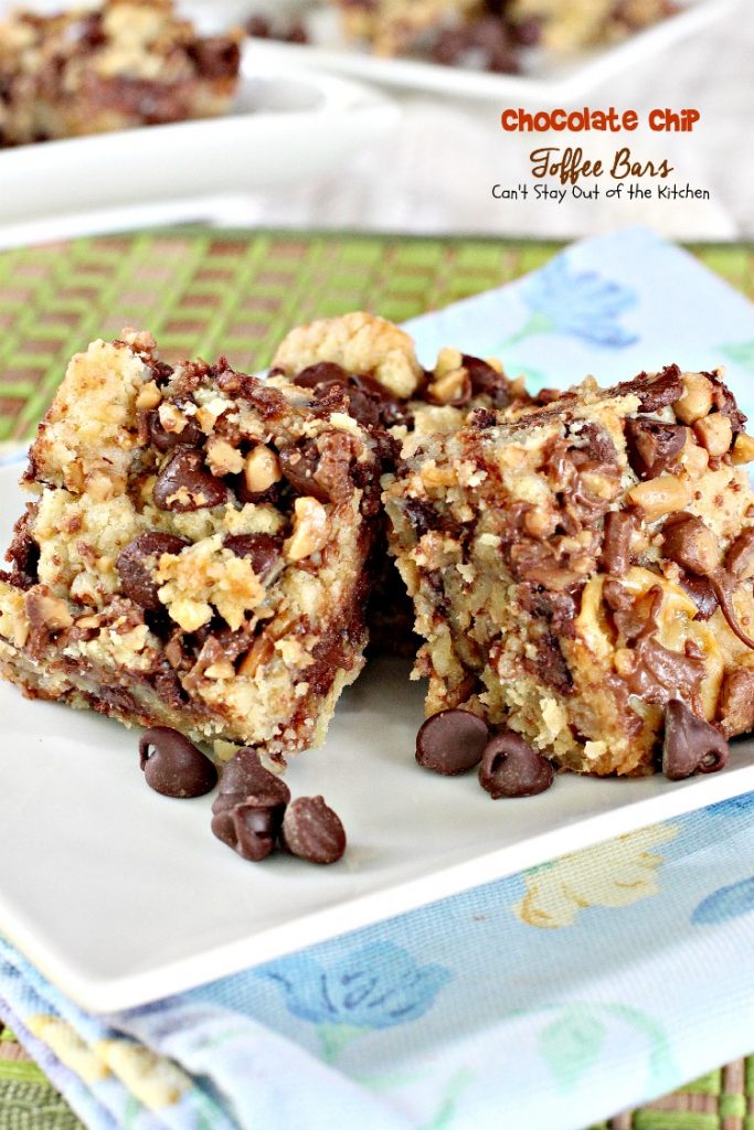 Chocolate Chip Toffee Bars | Can't Stay Out of the Kitchen | rich and decadent #brownies are loaded with #chocolatechips #pecans #HeathEnglishToffeeBits and use a can of #condensedmilk. #chocolate #dessert