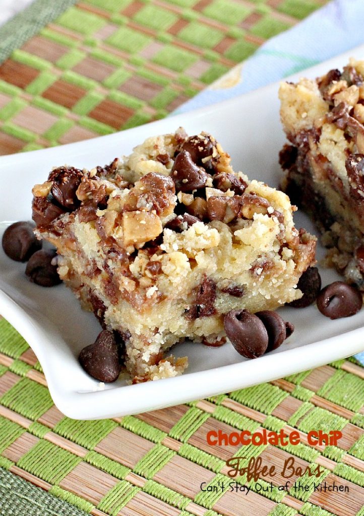 Chocolate Chip Toffee Bars | Can't Stay Out of the Kitchen | rich and decadent #brownies are loaded with #chocolatechips #pecans #HeathEnglishToffeeBits and use a can of #condensedmilk. #chocolate #dessert