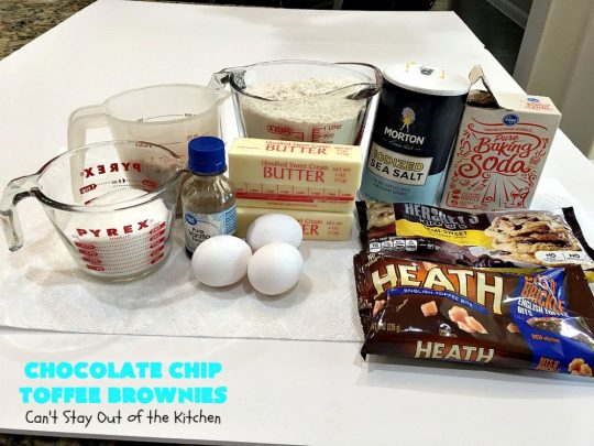 Chocolate Chip Toffee Brownies | Can't Stay Out of the Kitchen | these amazing #PaulaDeen #brownies will knock your socks off! They're filled with #ChocolateChips & #HeathEnglishToffeeBits. Every bite will have you drooling! #dessert #cookies #toffee #chocolate #ChocolateDessert #holiday #HolidayDessert #ToffeeDessert #ChocolateChipToffeeBrownies