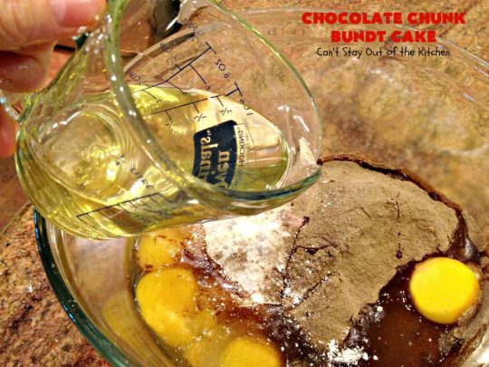 Chocolate Chunk Bundt Cake | Can't Stay Out of the Kitchen | this spectacular #BundtCake starts with a #cakemix & #chocolate #pudding mix. It uses only 7 ingredients so it's incredibly quick & easy. Perfect for #holidays like #Easter or #MothersDay. It's even great for #breakfast, especially if you like #chocolate! #ChocolateChips #cake #ChocolateCake #Holiday #HolidayDessert #Brunch #HolidayBreakfast #EasterBreakfast