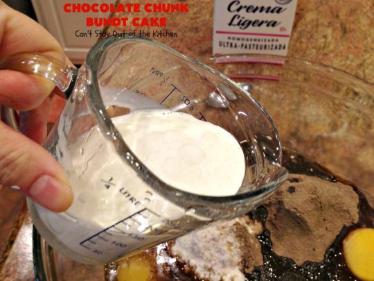 Chocolate Chunk Bundt Cake | Can't Stay Out of the Kitchen | this spectacular #BundtCake starts with a #cakemix & #chocolate #pudding mix. It uses only 7 ingredients so it's incredibly quick & easy. Perfect for #holidays like #Easter or #MothersDay. It's even great for #breakfast, especially if you like #chocolate! #ChocolateChips #cake #ChocolateCake #Holiday #HolidayDessert #Brunch #HolidayBreakfast #EasterBreakfast