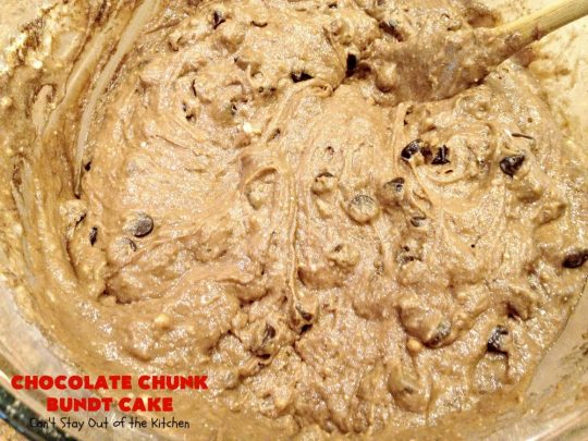 Chocolate Chunk Bundt Cake | Can't Stay Out of the Kitchen | this spectacular #BundtCake starts with a #cakemix & #chocolate #pudding mix. It uses only 7 ingredients so it's incredibly quick & easy. Perfect for #holidays like #Easter or #MothersDay. It's even great for #breakfast, especially if you like #chocolate! #ChocolateChips #cake #ChocolateCake #Holiday #HolidayDessert #Brunch #HolidayBreakfast #EasterBreakfast