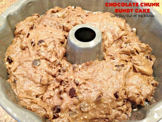 Chocolate Chunk Bundt Cake | Can't Stay Out of the Kitchen | this spectacular #BundtCake starts with a #cakemix & #chocolate #pudding mix. It uses only 7 ingredients so it's incredibly quick & easy. Perfect for #holidays like #Easter or #MothersDay. It's even great for #breakfast, especially if you like #chocolate! #ChocolateChips #cake #ChocolateCake #Holiday #HolidayDessert #Brunch #HolidayBreakfast #EasterBreakfast